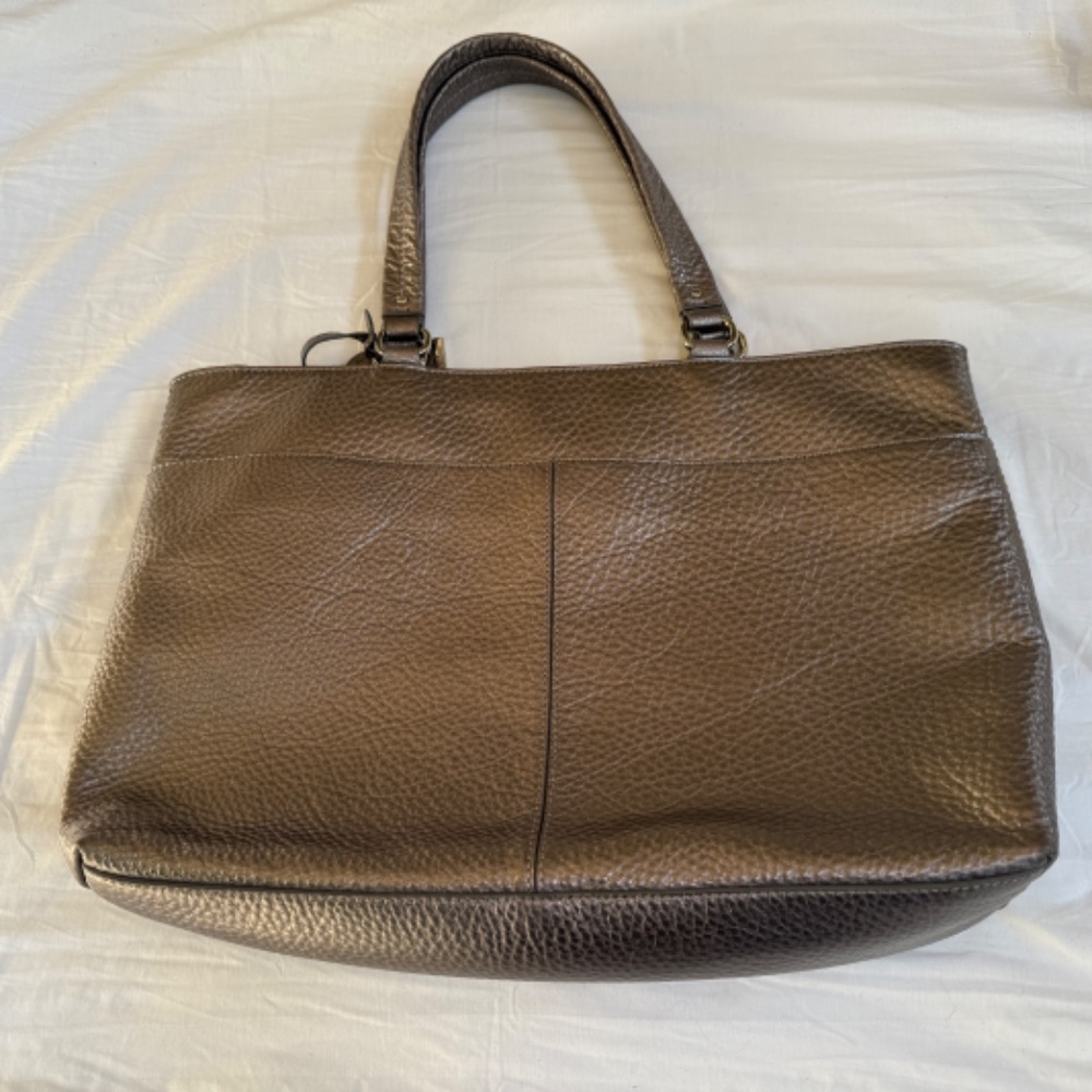 Cole Haan Silver Pewter Pebbled Leather Tote | Original Dust Bag | Teal Lining - Picture 2 of 15